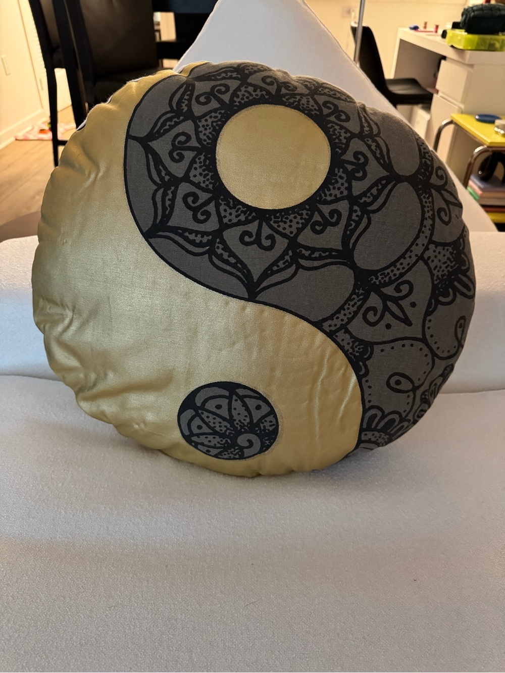 EARTHBOUND Gold and Gray Yin Yang Decorative Round Pillow